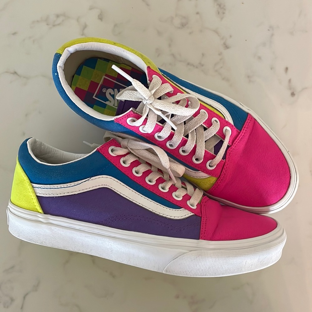 Vans Old Skool multi-colored neon lace up, size 8 women, 6.5 Men, EU 38.5